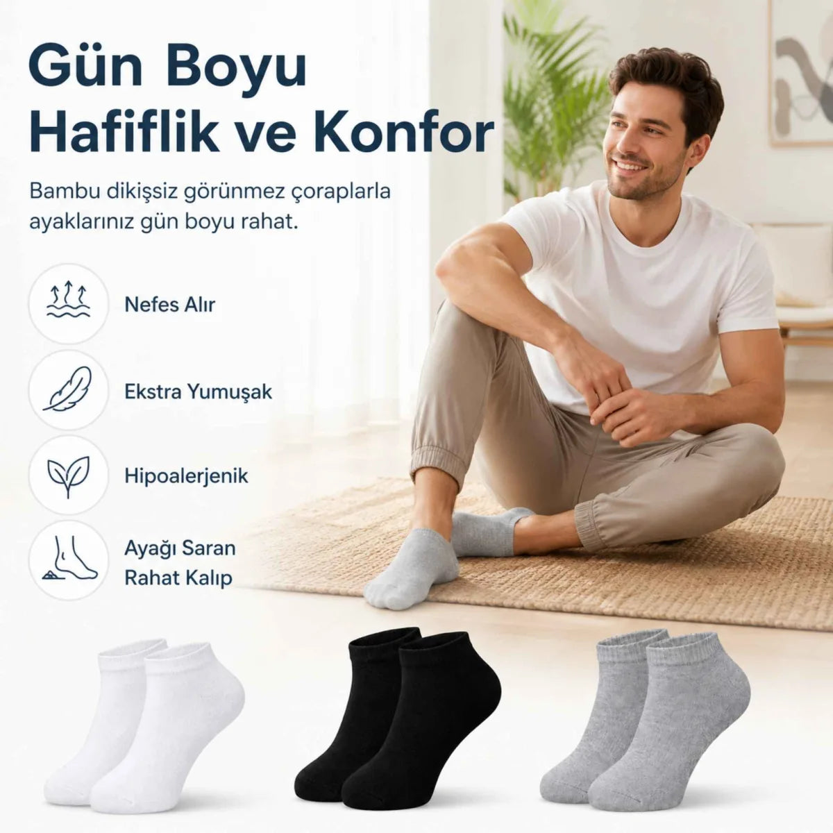 Erkek Bambu Patik Çorap 12’li Paket, Siyah Beyaz Gri, Nefes Alan Nem Emici Yumuşak Günlük Spor Bilek Çorabı