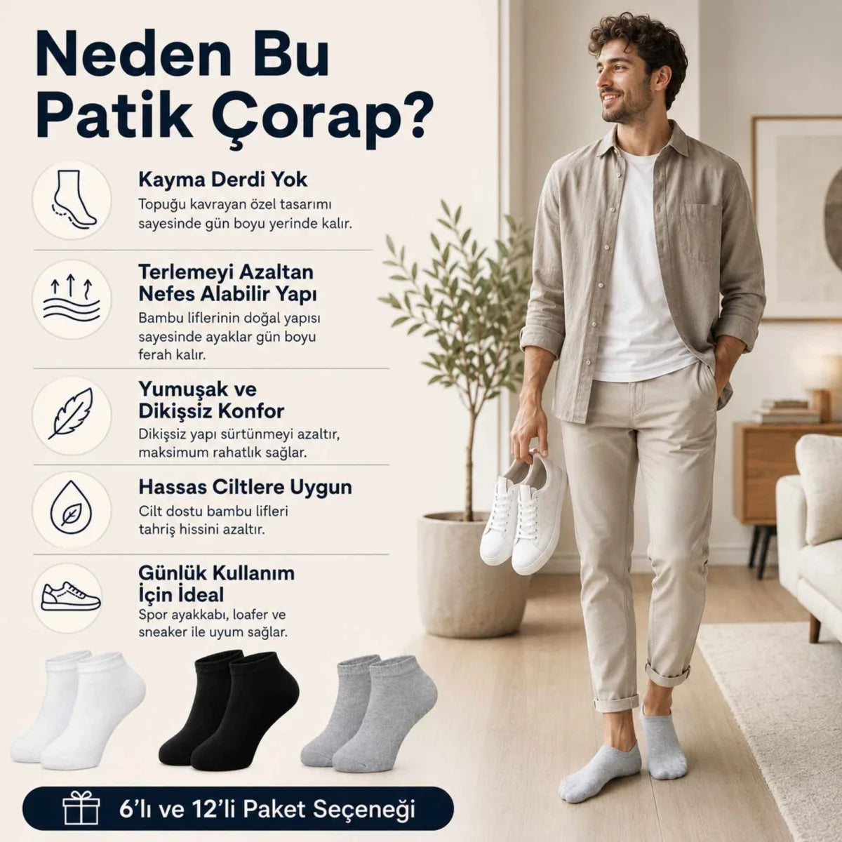 Erkek Bambu Patik Çorap 12’li Paket, Siyah Beyaz Gri, Nefes Alan Nem Emici Yumuşak Günlük Spor Bilek Çorabı
