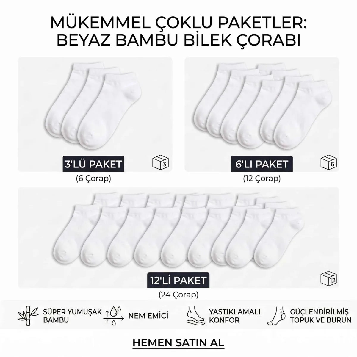 Erkek Bambu Patik Çorap 6’lı Paket, Siyah Beyaz Gri, Nefes Alan Nem Emici Yumuşak Günlük Spor Bilek Çorabı