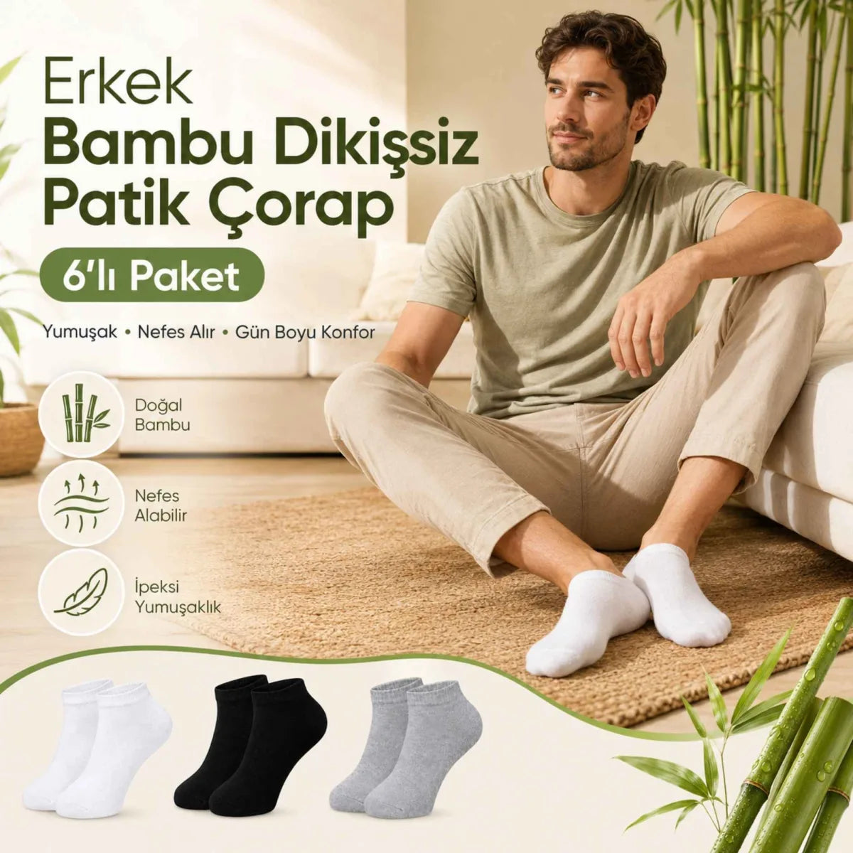 Erkek Bambu Patik Çorap 6’lı Paket, Siyah Beyaz Gri, Nefes Alan Nem Emici Yumuşak Günlük Spor Bilek Çorabı