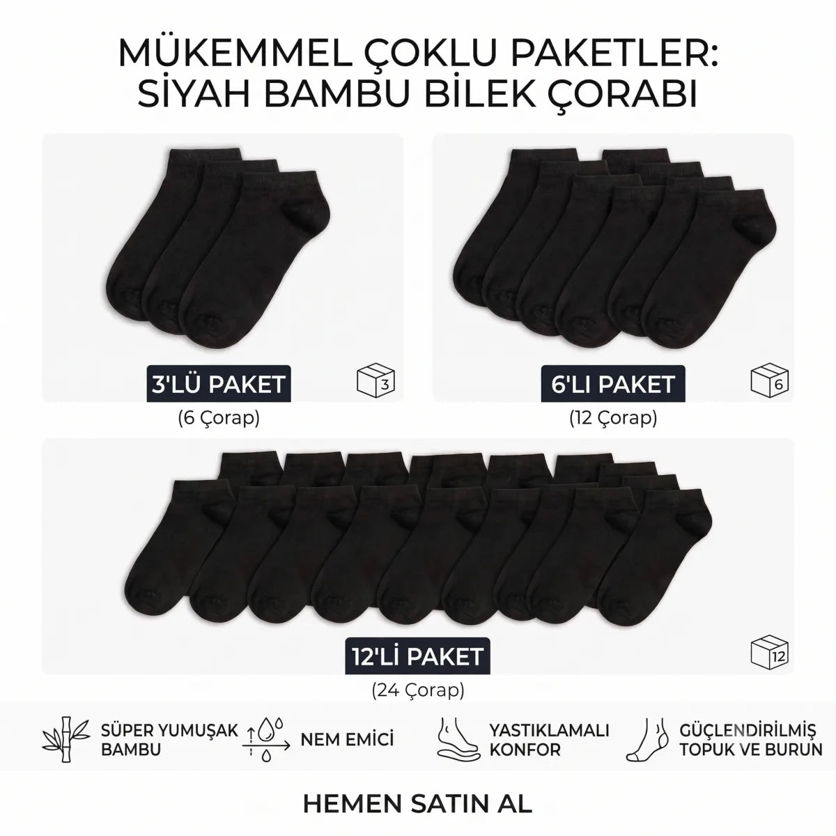 Erkek Bambu Patik Çorap 6’lı Paket, Siyah Beyaz Gri, Nefes Alan Nem Emici Yumuşak Günlük Spor Bilek Çorabı