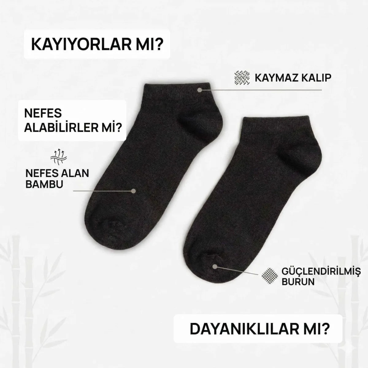 Erkek Bambu Patik Çorap 6’lı Paket, Siyah Beyaz Gri, Nefes Alan Nem Emici Yumuşak Günlük Spor Bilek Çorabı