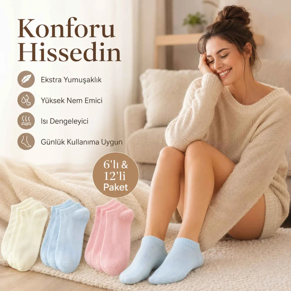 Kadın Bambu Dikişsiz Patik Çorap 6’lı Paket – Yumuşak, Nefes Alan, Nem Emici Kısa Konç Günlük Çorap – Krem, Mavi, Pembe