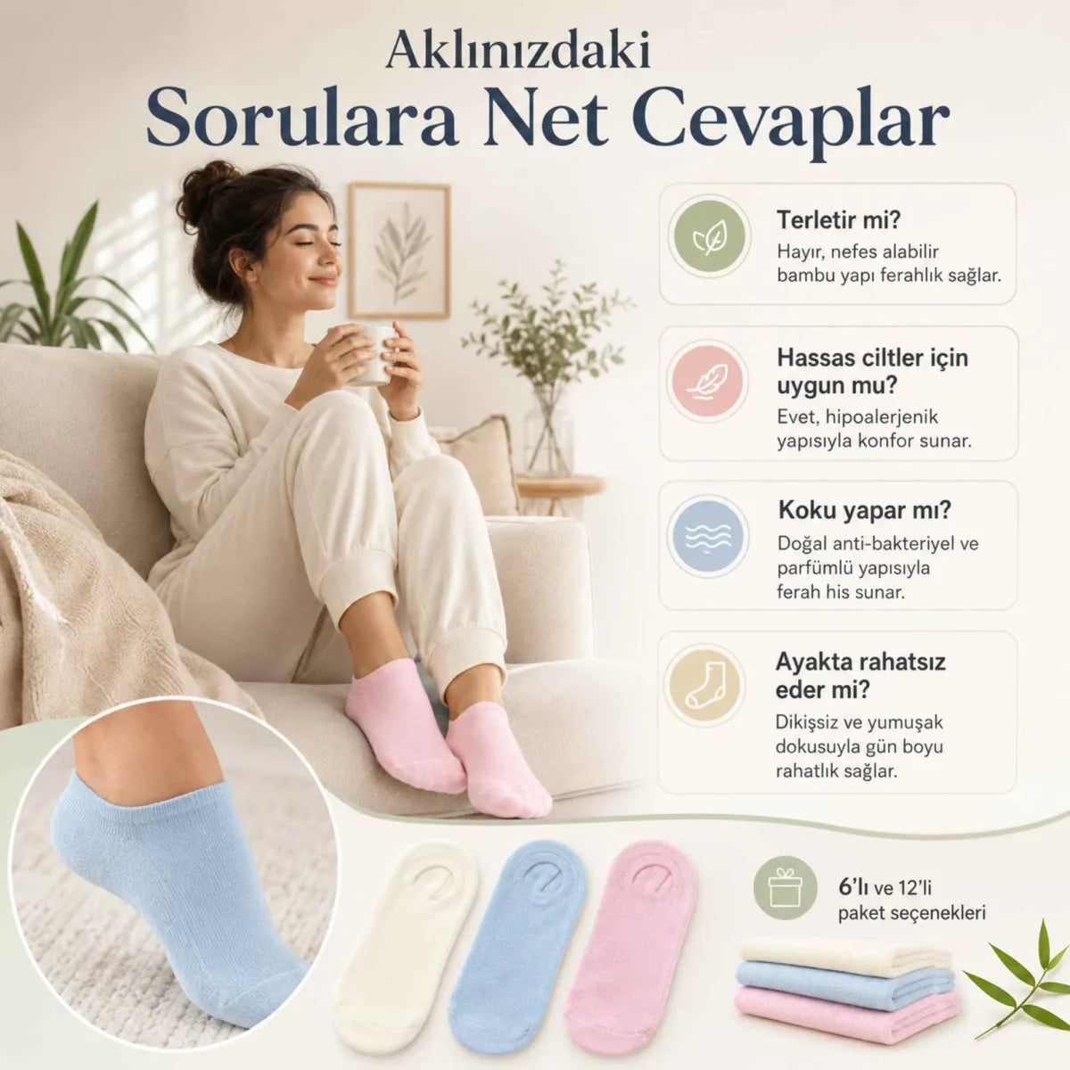 Kadın Bambu Dikişsiz Patik Çorap 6’lı Paket – Yumuşak, Nefes Alan, Nem Emici Kısa Konç Günlük Çorap – Krem, Mavi, Pembe