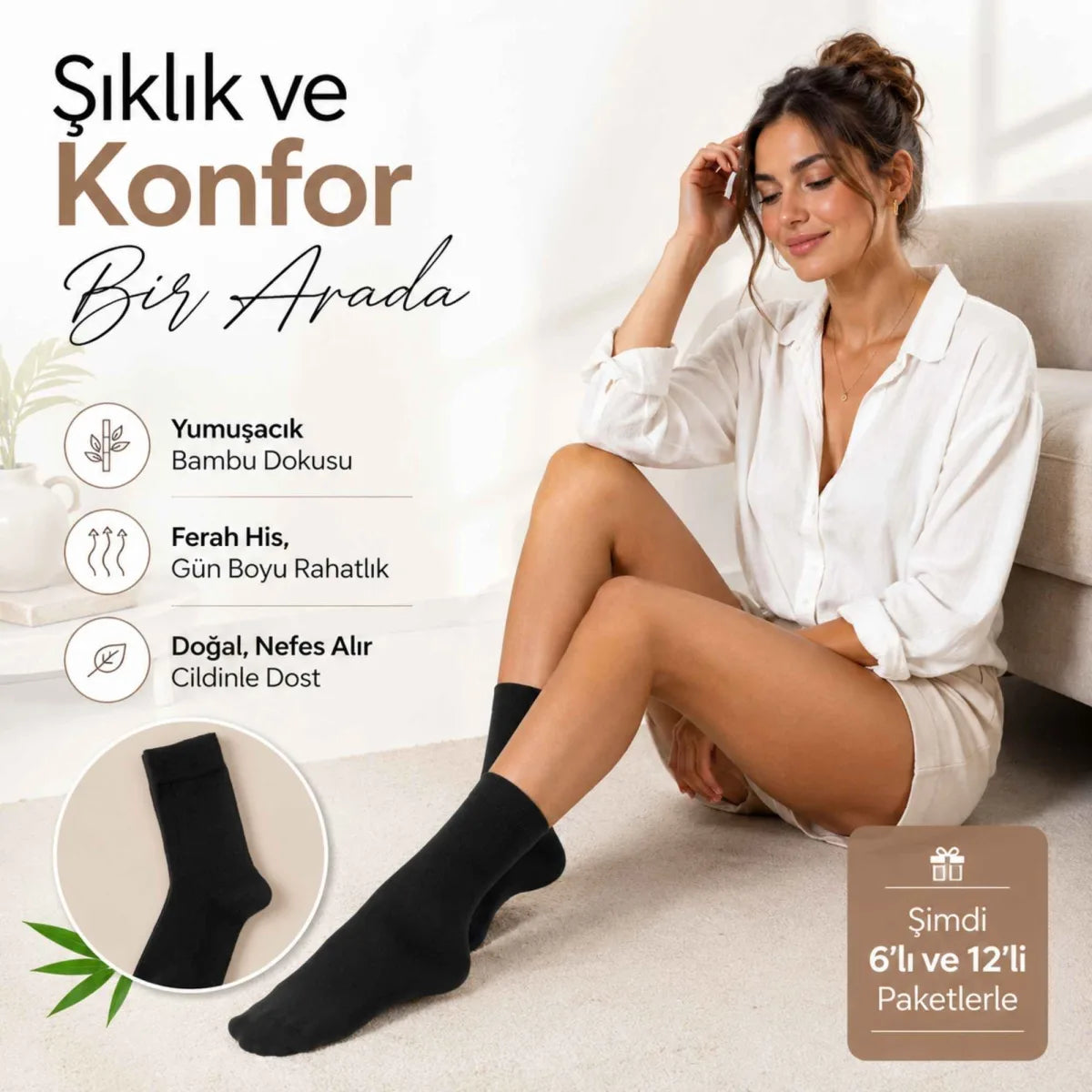 Kadın Bambu Uzun Çorap 12’li Paket, Dikişsiz Burunlu Yumuşak Dokulu Siyah Beyaz Gri