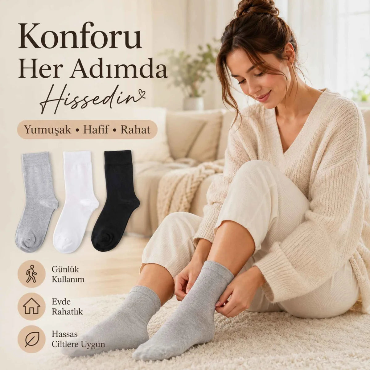 Kadın Bambu Uzun Çorap 12’li Paket, Dikişsiz Burunlu Yumuşak Dokulu Siyah Beyaz Gri