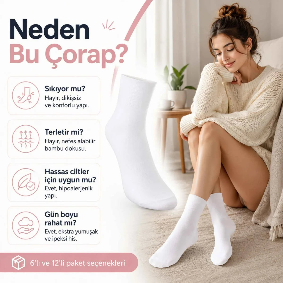 Kadın Bambu Uzun Çorap 12’li Paket, Dikişsiz Burunlu Yumuşak Dokulu Siyah Beyaz Gri