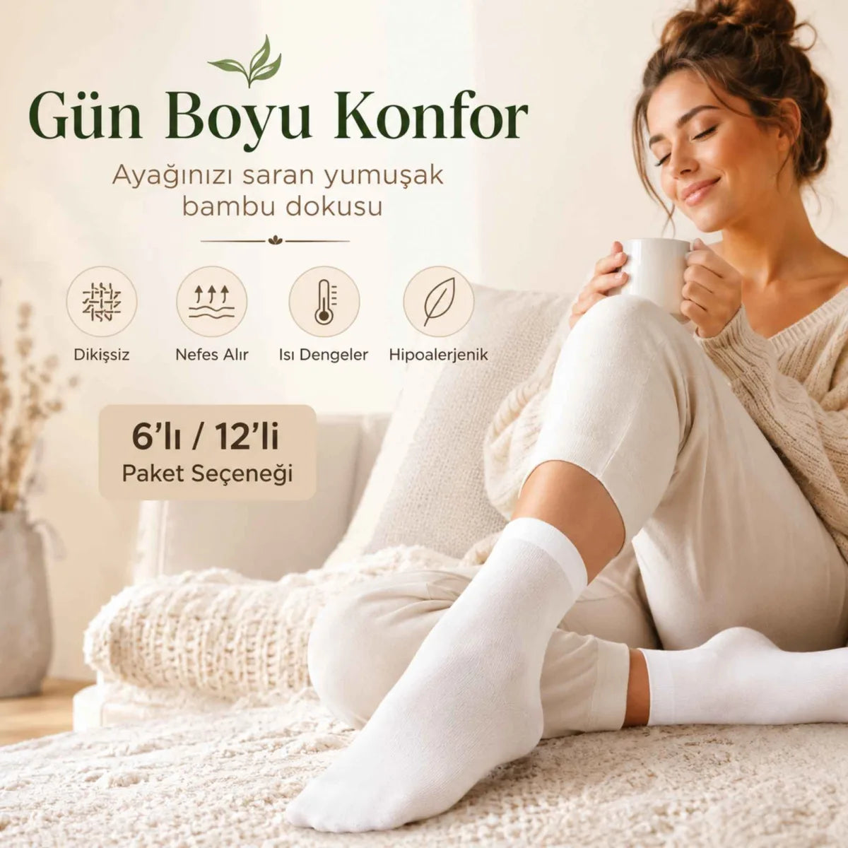 Kadın Bambu Uzun Çorap 12’li Paket, Dikişsiz Burunlu Yumuşak Dokulu Siyah Beyaz Gri