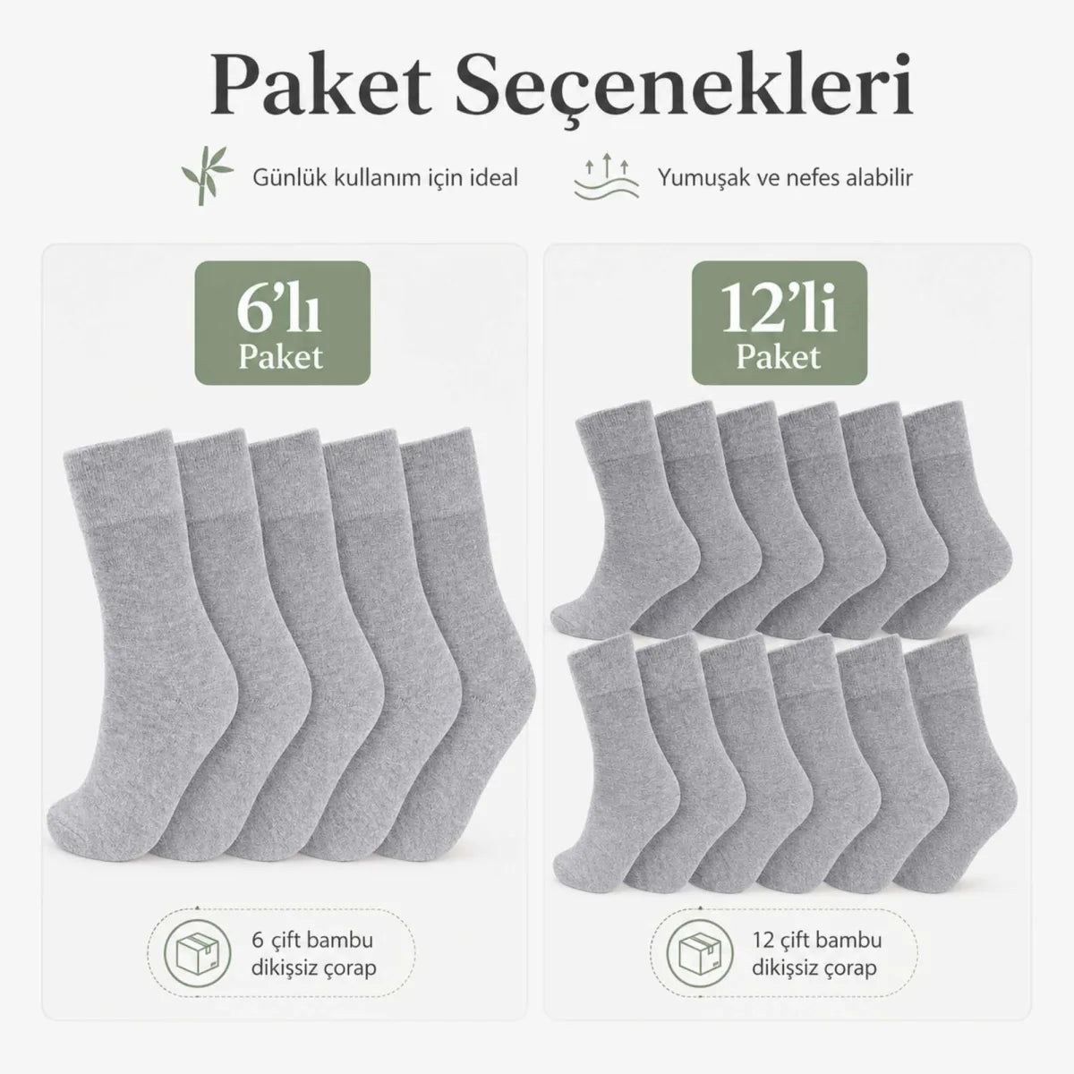 Kadın Bambu Uzun Çorap 12’li Paket, Dikişsiz Burunlu Yumuşak Dokulu Siyah Beyaz Gri