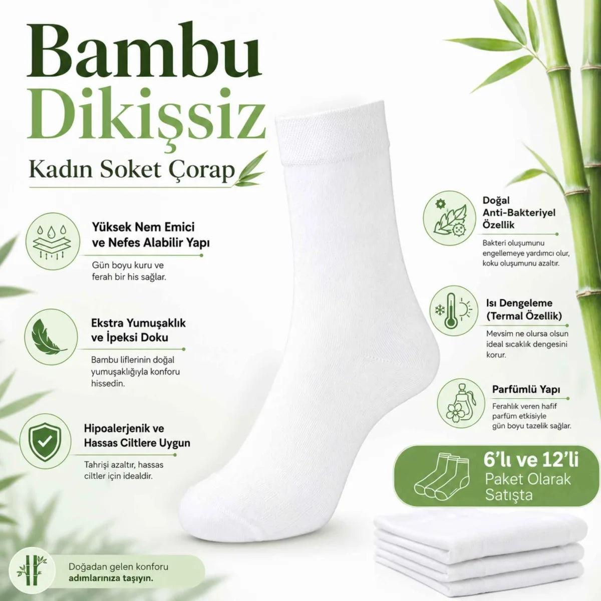 Kadın Bambu Uzun Çorap 12’li Paket, Dikişsiz Burunlu Yumuşak Dokulu Siyah Beyaz Gri