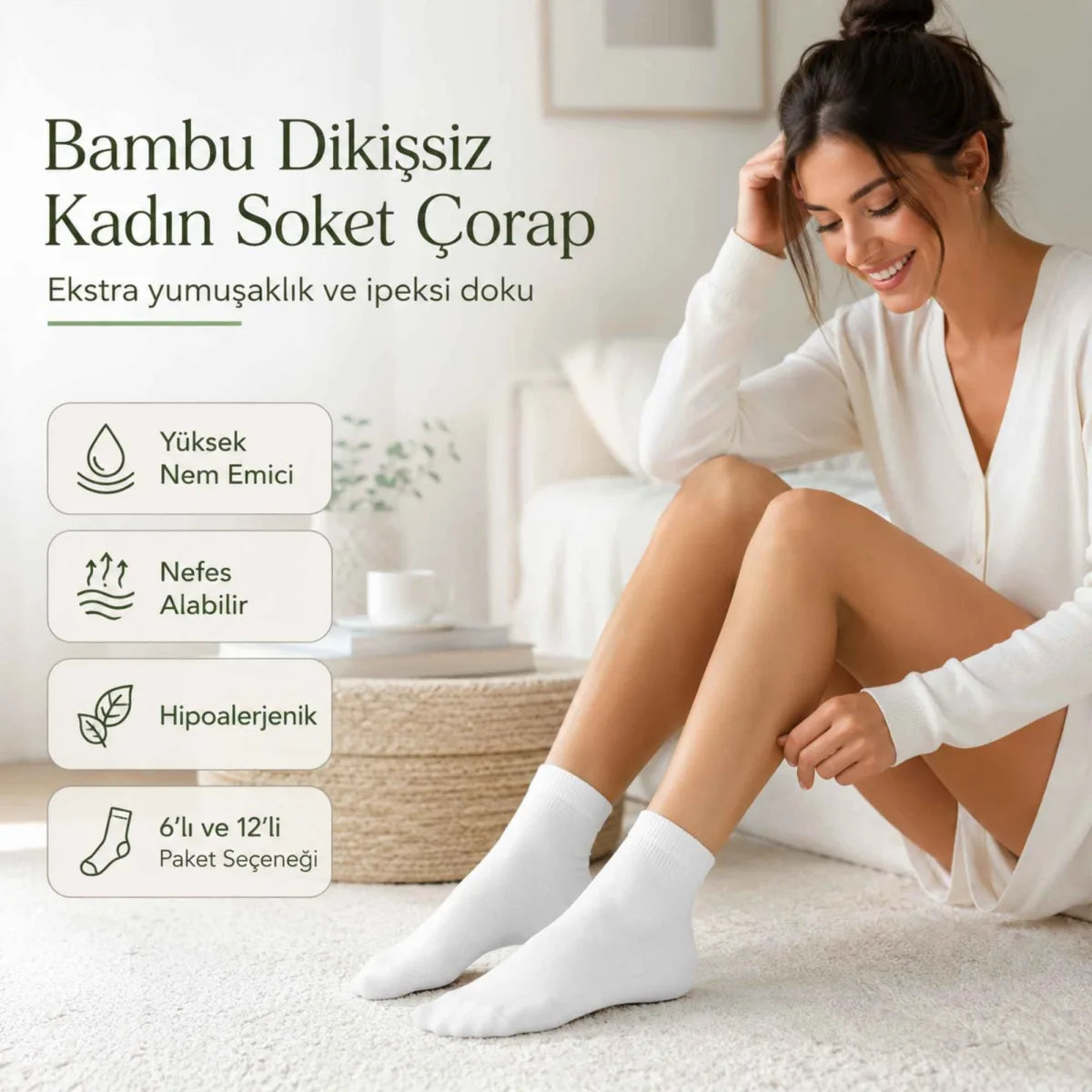Kadın Bambu Uzun Çorap 6’lı Paket, Dikişsiz Burunlu Yumuşak Dokulu Siyah Beyaz Gri