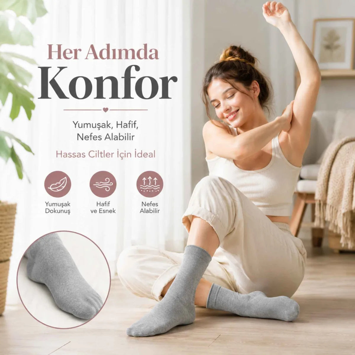 Kadın Bambu Uzun Çorap 6’lı Paket, Dikişsiz Burunlu Yumuşak Dokulu Siyah Beyaz Gri