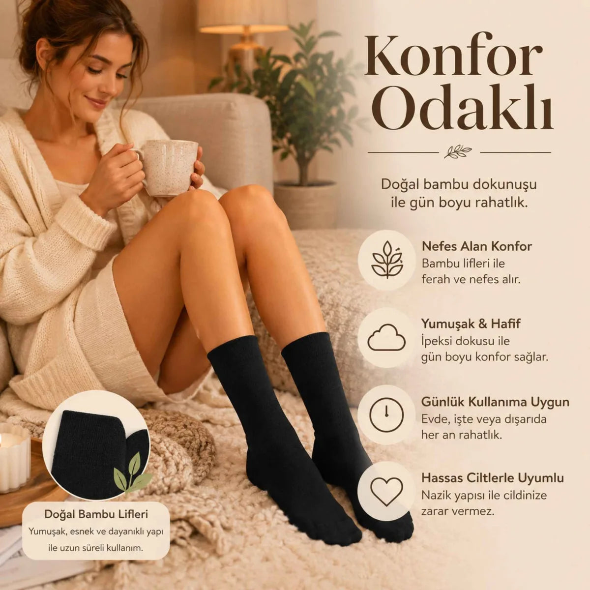 Kadın Bambu Uzun Çorap 6’lı Paket, Dikişsiz Burunlu Yumuşak Dokulu Siyah Beyaz Gri