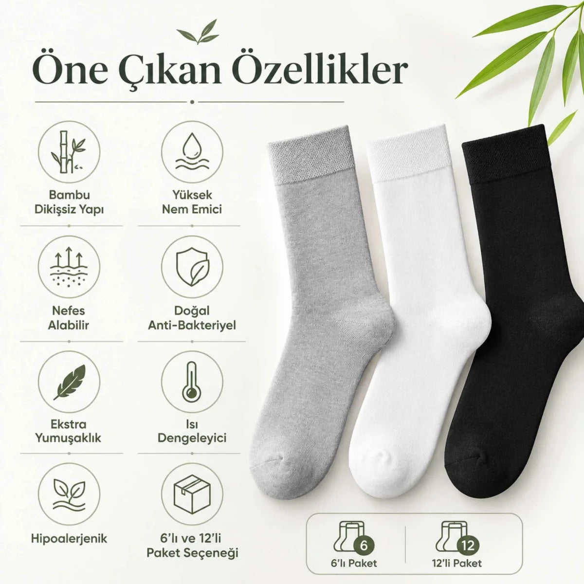 Kadın Bambu Uzun Çorap 6’lı Paket, Dikişsiz Burunlu Yumuşak Dokulu Siyah Beyaz Gri