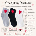 Kadın Pamuk Kalp Desenli Kısa Konç Bilek Çorap 6’lı Paket, Siyah Beyaz Gri, Yumuşak Dokulu ve Dikişsiz Burun