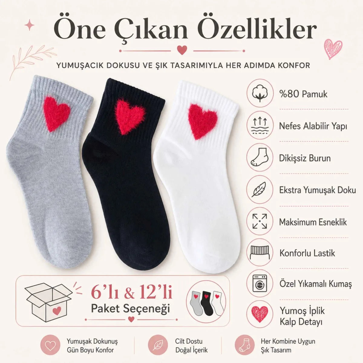 Kadın Pamuk Kalp Desenli Kısa Konç Bilek Çorap 6’lı Paket, Siyah Beyaz Gri, Yumuşak Dokulu ve Dikişsiz Burun