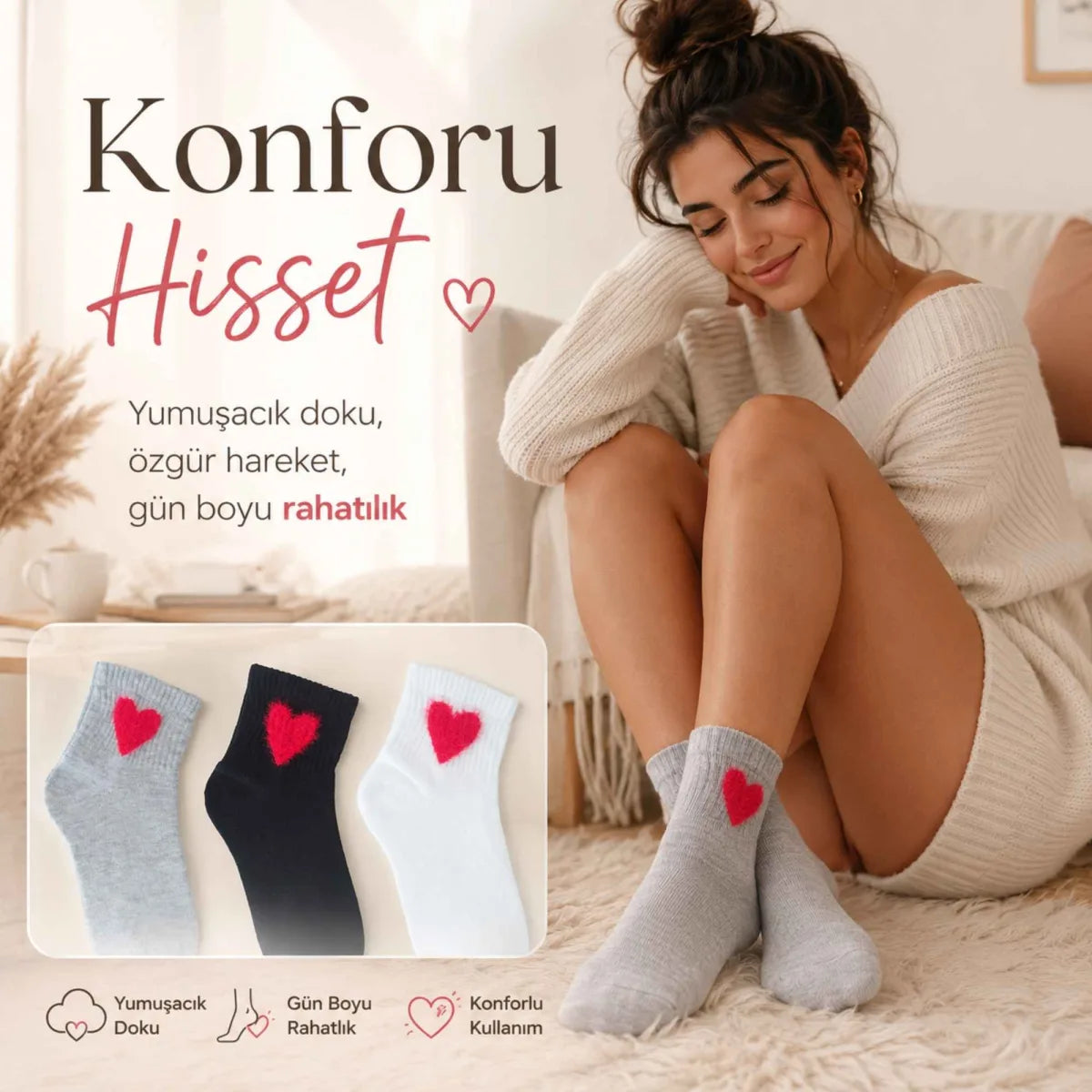 Kadın Pamuk Kalp Desenli Kısa Konç Bilek Çorap 6’lı Paket, Siyah Beyaz Gri, Yumuşak Dokulu ve Dikişsiz Burun