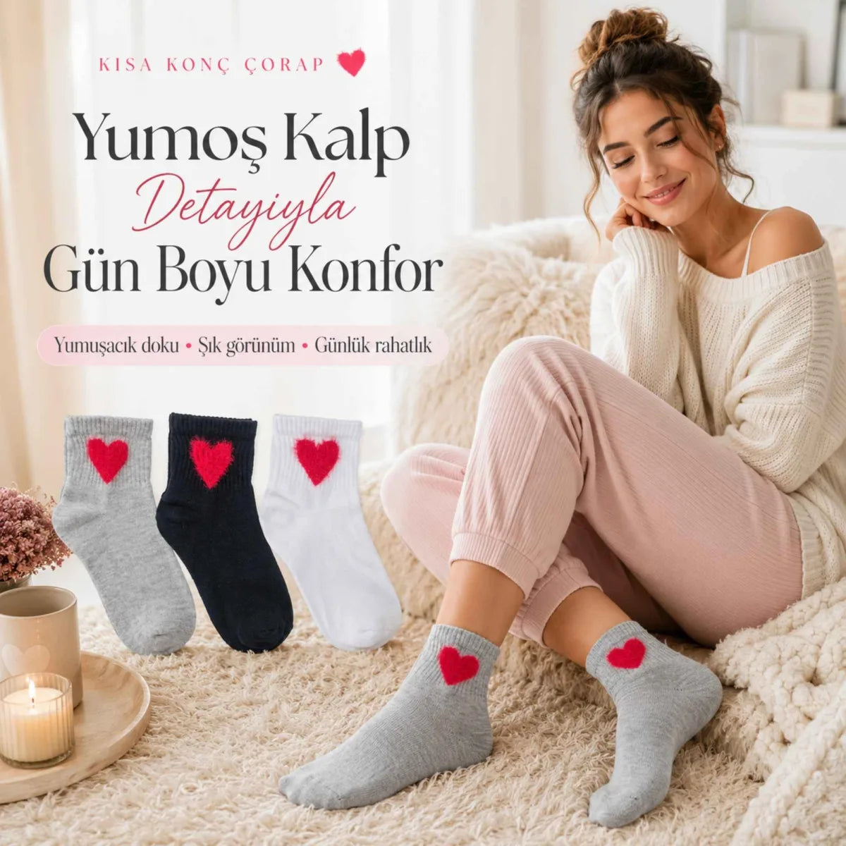 Kadın Pamuk Kalp Desenli Kısa Konç Bilek Çorap 6’lı Paket, Siyah Beyaz Gri, Yumuşak Dokulu ve Dikişsiz Burun