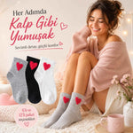 Kadın Pamuk Kalp Desenli Kısa Konç Bilek Çorap 6’lı Paket, Siyah Beyaz Gri, Yumuşak Dokulu ve Dikişsiz Burun