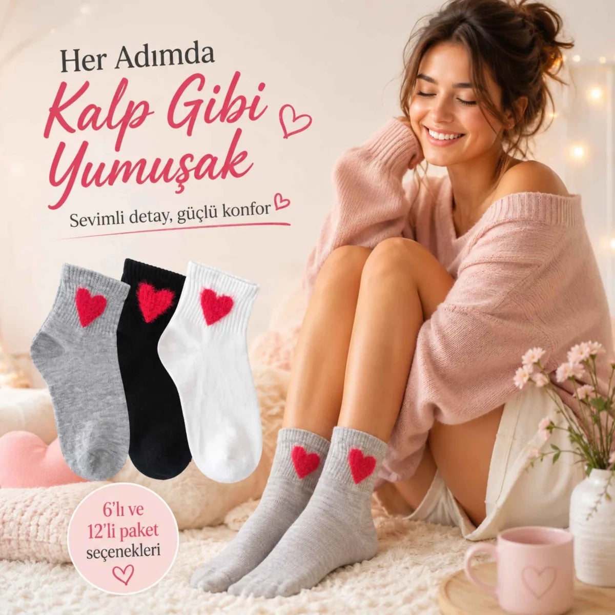 Kadın Pamuk Kalp Desenli Kısa Konç Bilek Çorap 6’lı Paket, Siyah Beyaz Gri, Yumuşak Dokulu ve Dikişsiz Burun