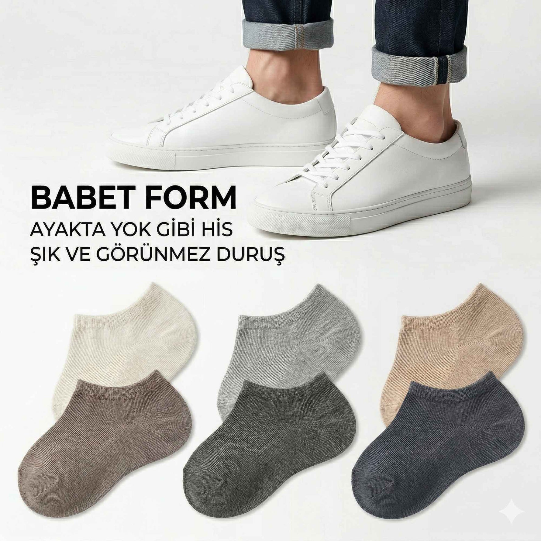 Erkek Görünmez Çorap 12’li Set, Babet Kesim, Yumuşak ve Esnek Yapı, Krem, Açık Gri, Bej, Vizon, Antrasit, Füme