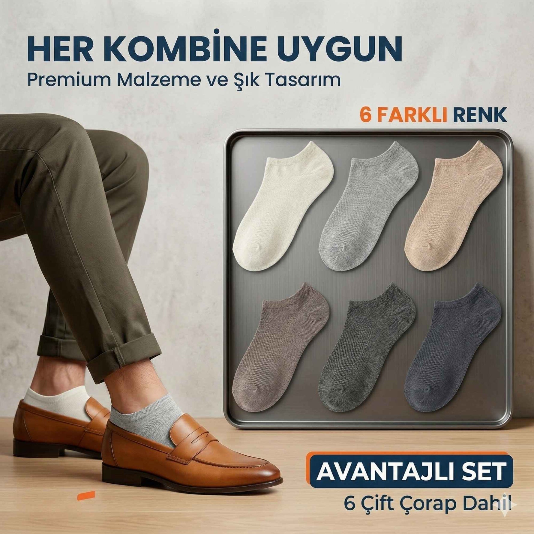 Erkek Görünmez Çorap 6’lı Set, Babet Kesim, Yumuşak ve Esnek Yapı, Krem, Açık Gri, Bej, Vizon, Antrasit, Füme