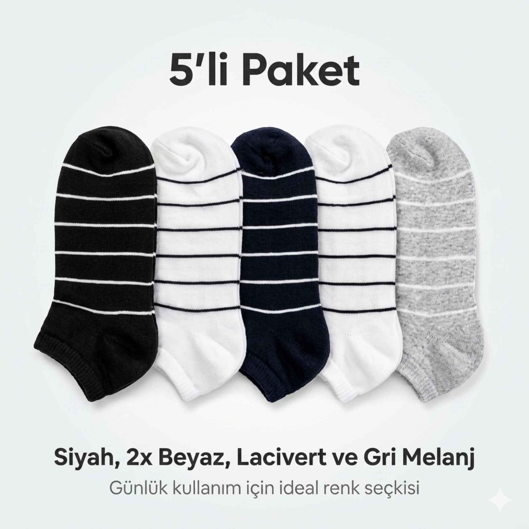 Ekonomik Kadın Patik Çorap 5'li Paket %85 Pamuklu Çizgili Yumuşak Konforlu Nefes Alabilir Set