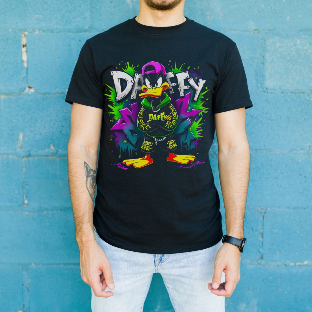 Daffy Duck Graffiti Baskılı Unisex Siyah Tişört - 24/1 Penye Pamuklu