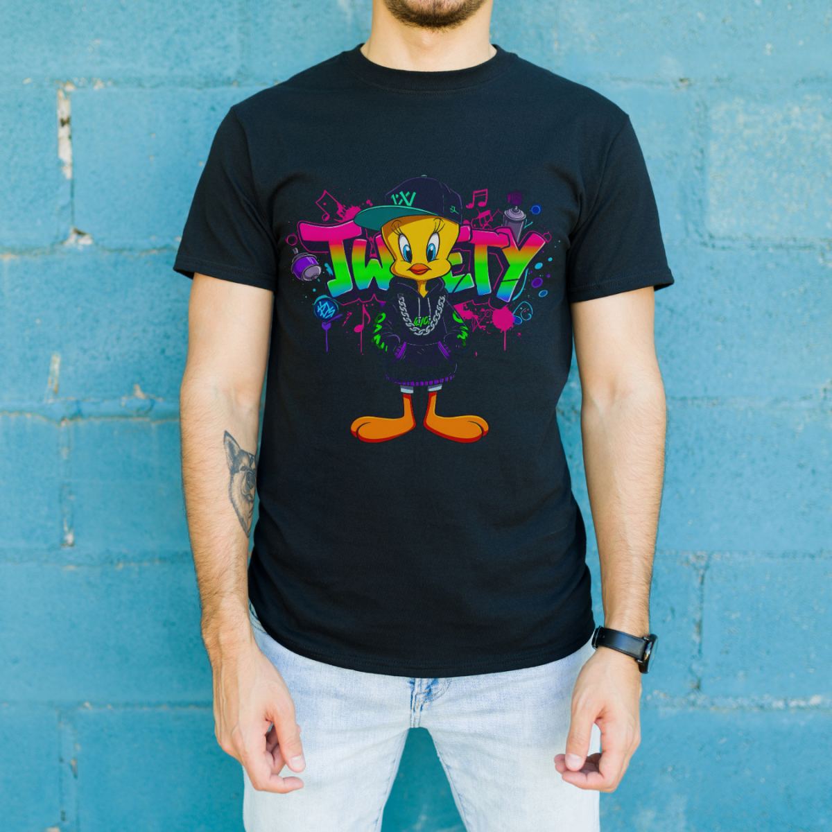 Tweety Graffiti Baskılı Unisex Siyah Oversize Tişört - 24/1 Penye
