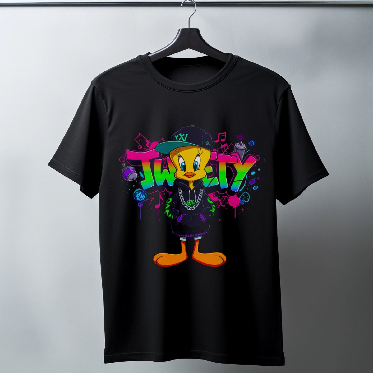 Tweety Graffiti Baskılı Unisex Siyah Oversize Tişört - 24/1 Penye