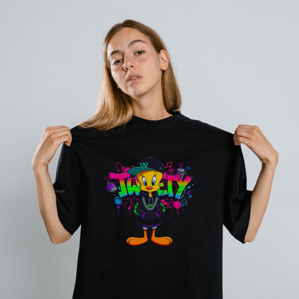 Tweety Graffiti Baskılı Unisex Siyah Oversize Tişört - 24/1 Penye