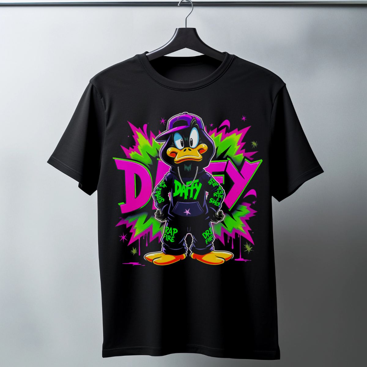 Daffy Duck Graffiti Baskılı Unisex Siyah Tişört - 24/1 Penye Pamuklu
