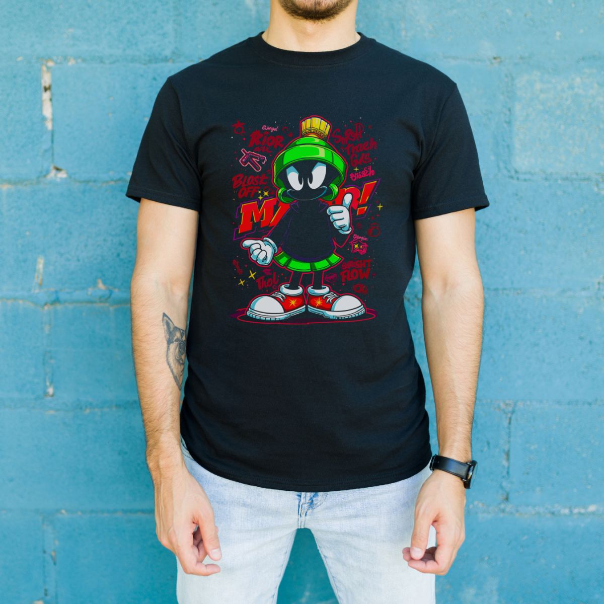 Marvin the Martian Graffiti Baskılı Unisex Siyah Tişört - 24/1 Penye Pamuklu