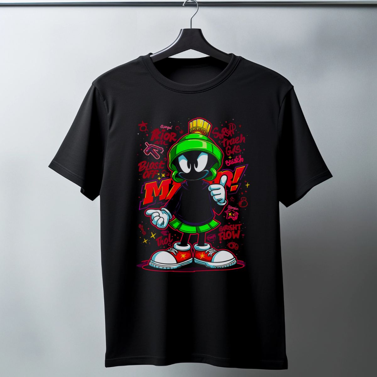 Marvin the Martian Graffiti Baskılı Unisex Siyah Tişört - 24/1 Penye Pamuklu
