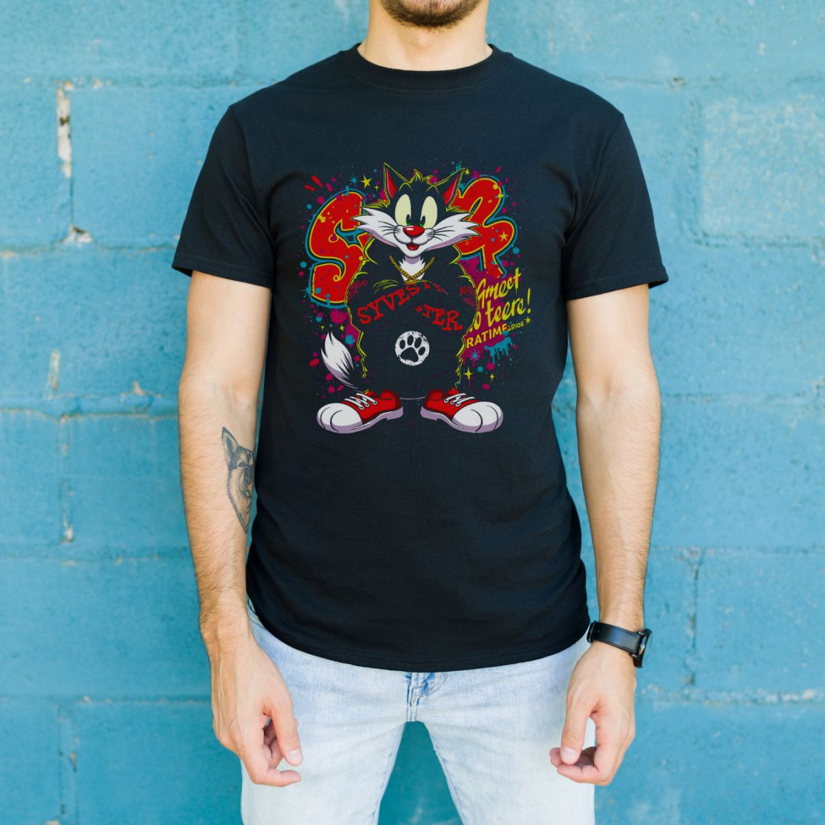 Sylvester Graffiti Baskılı Unisex Siyah Oversize Tişört - 24/1 Penye