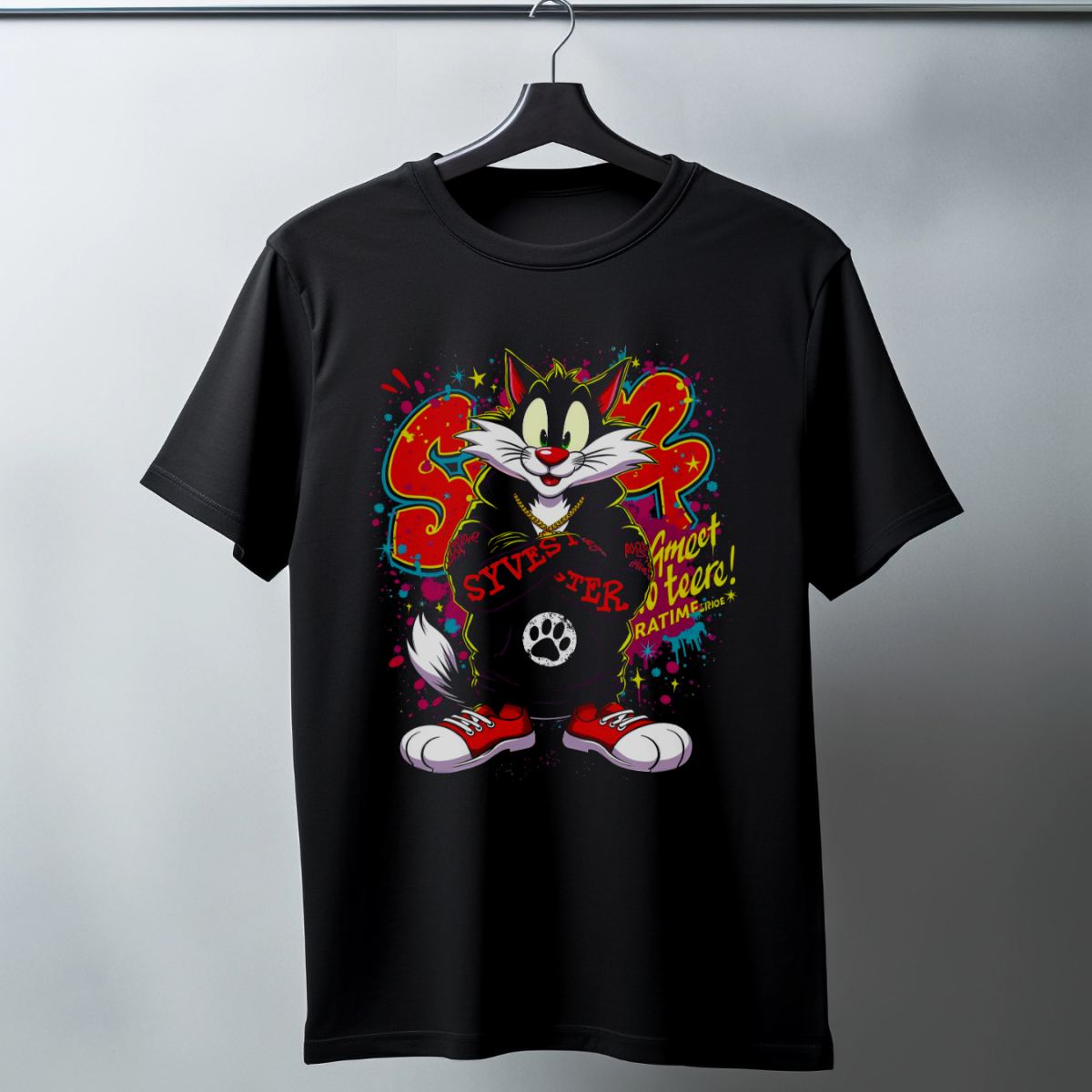 Sylvester Graffiti Baskılı Unisex Siyah Oversize Tişört - 24/1 Penye