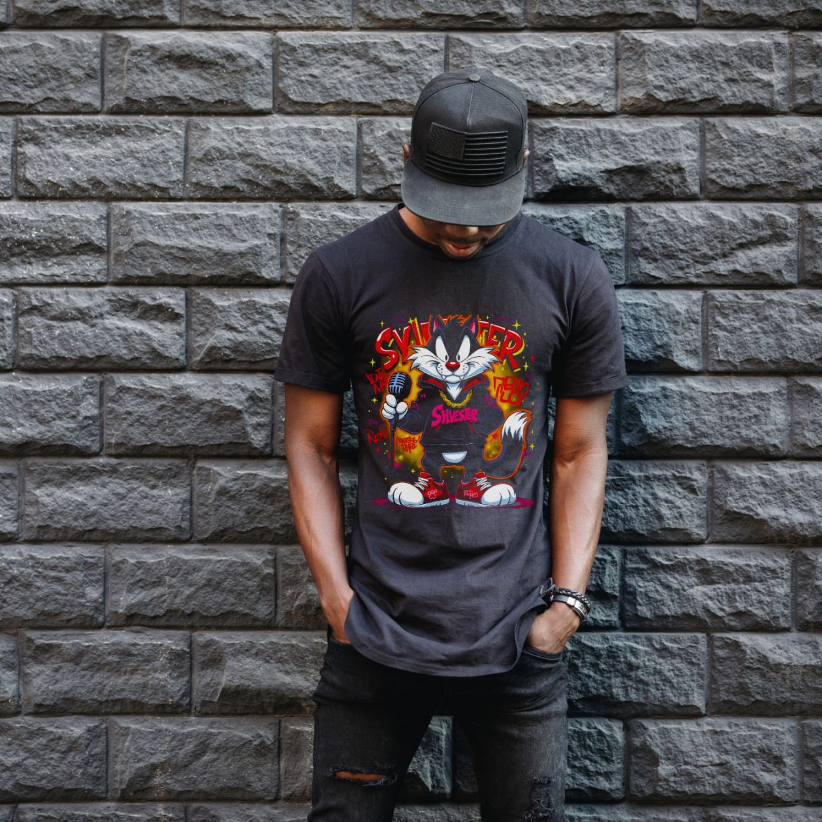 Sylvester Graffiti Baskılı Unisex Siyah Oversize Tişört - 24/1 Penye