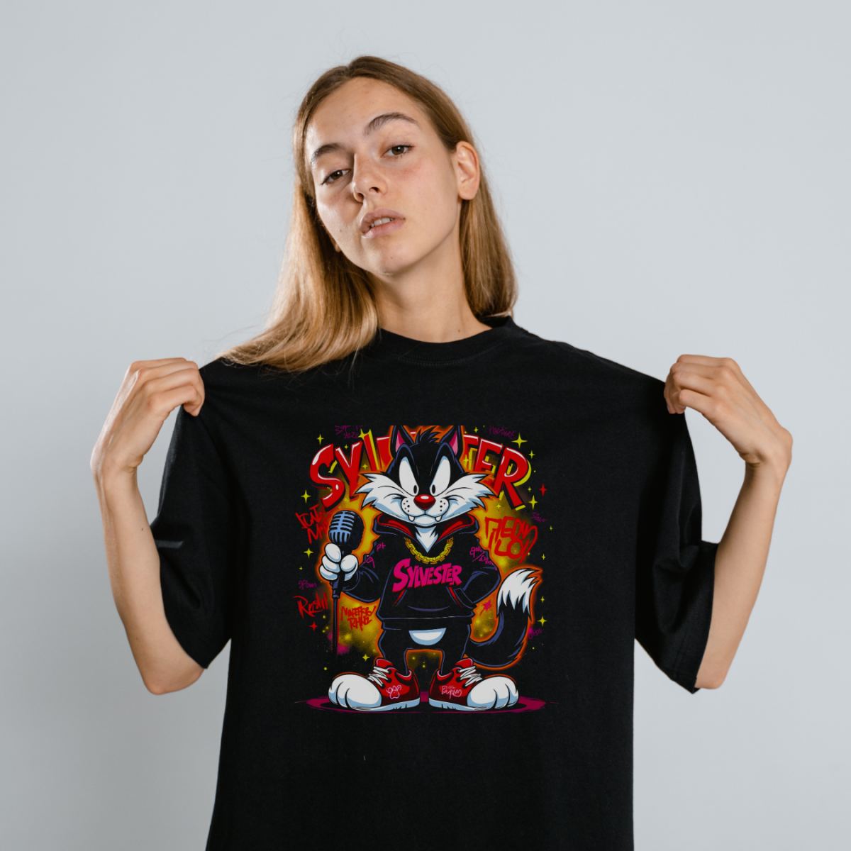 Sylvester Graffiti Baskılı Unisex Siyah Oversize Tişört - 24/1 Penye