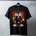 Sylvester Graffiti Baskılı Unisex Siyah Oversize Tişört - 24/1 Penye