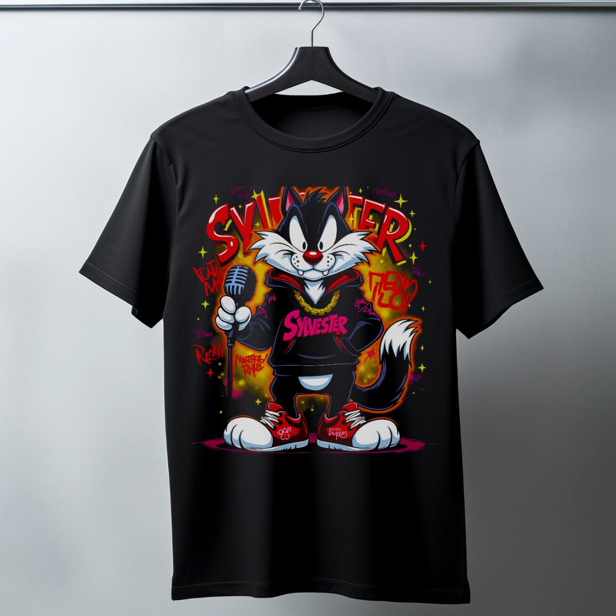 Sylvester Graffiti Baskılı Unisex Siyah Oversize Tişört - 24/1 Penye