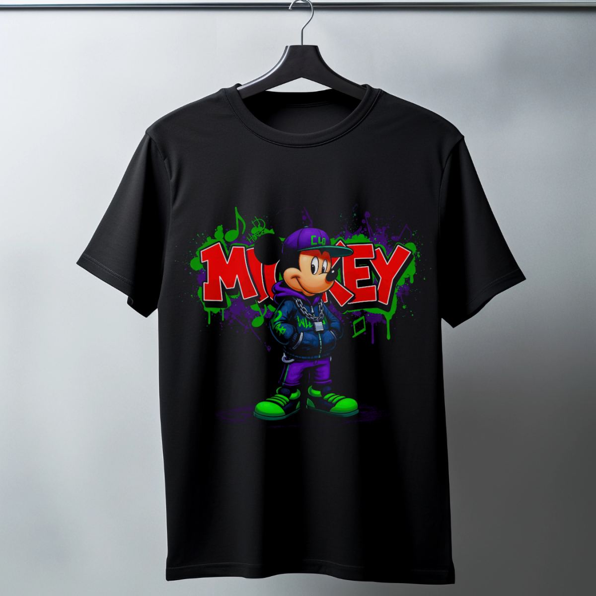 Mickey Mouse Graffiti Baskılı Unisex Siyah Oversize Tişört - 24/1 Penye