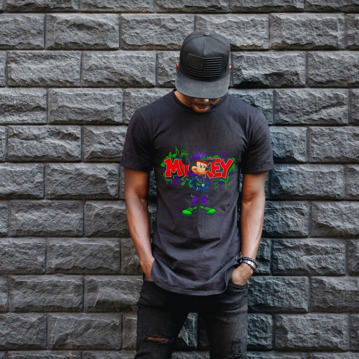 Mickey Mouse Graffiti Baskılı Unisex Siyah Oversize Tişört - 24/1 Penye