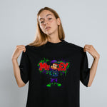 Mickey Mouse Graffiti Baskılı Unisex Siyah Oversize Tişört - 24/1 Penye