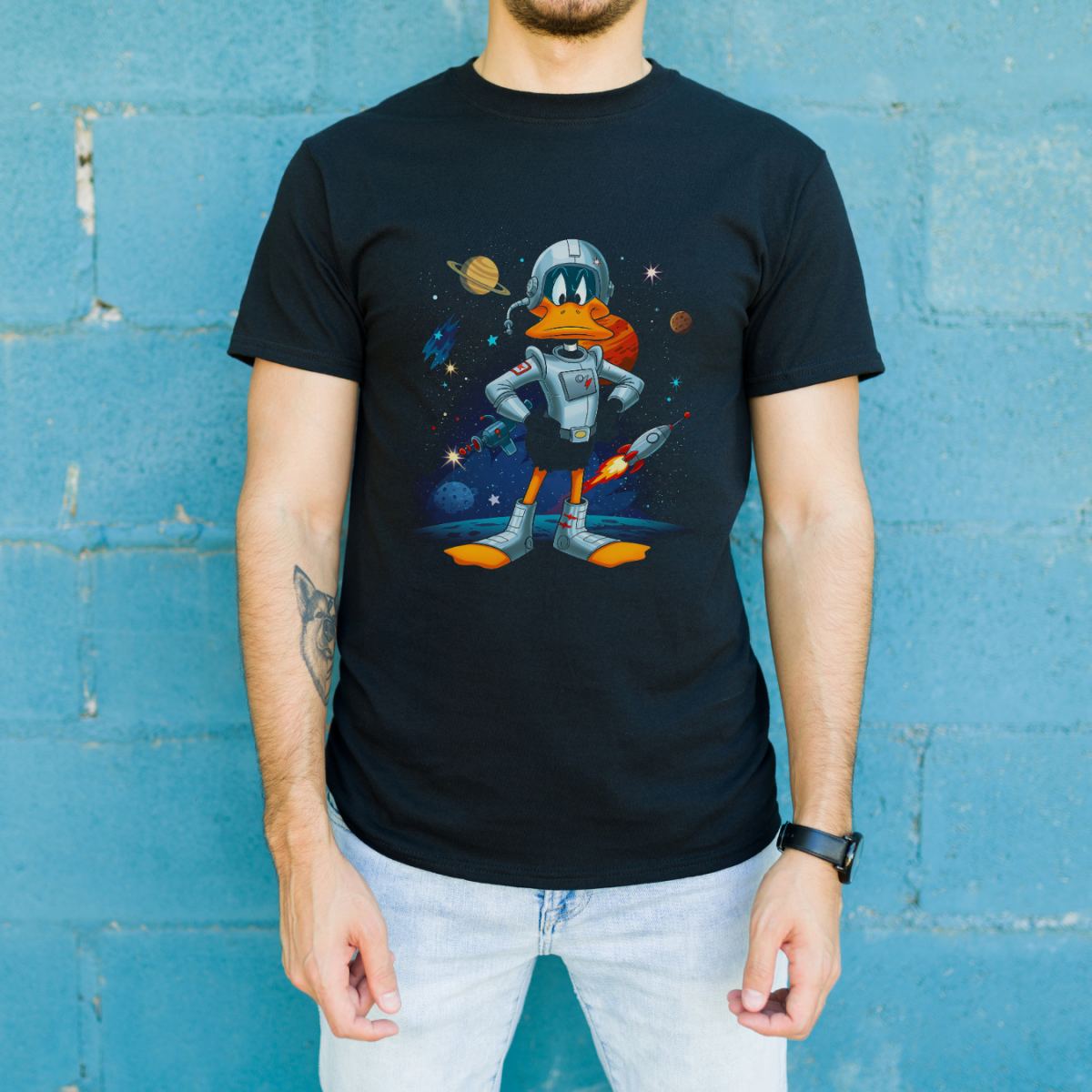 Duck Dodgers Uzay Baskılı Unisex Siyah Oversize Tişört - 24/1 Penye