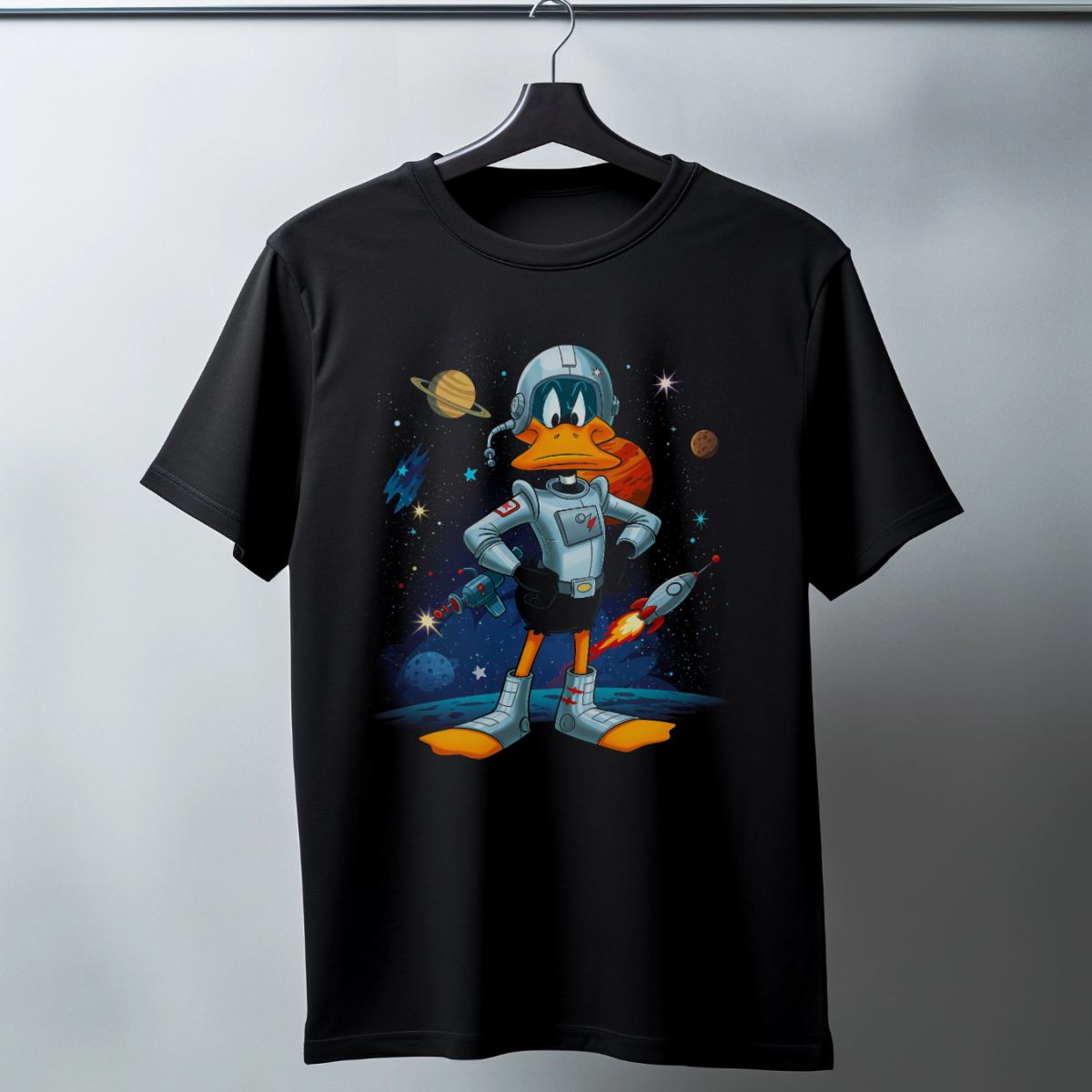Duck Dodgers Uzay Baskılı Unisex Siyah Oversize Tişört - 24/1 Penye