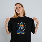 Duck Dodgers Uzay Baskılı Unisex Siyah Oversize Tişört - 24/1 Penye
