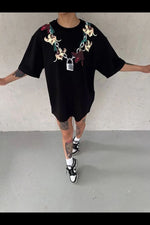 Kadın Kısa Kol Yazlık Tişört Bisiklet Yaka Baskılı Oversize T-Shirt - Siyah