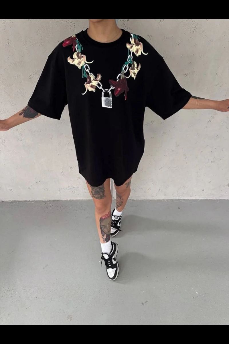 Kadın Kısa Kol Yazlık Tişört Bisiklet Yaka Baskılı Oversize T-Shirt - Siyah