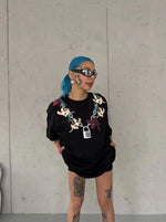Kadın Kısa Kol Yazlık Tişört Bisiklet Yaka Baskılı Oversize T-Shirt - Siyah