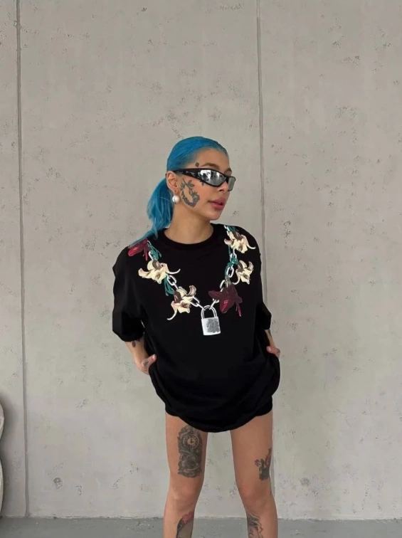Kadın Kısa Kol Yazlık Tişört Bisiklet Yaka Baskılı Oversize T-Shirt - Siyah